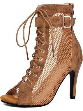 Women's Brown Buckle Strap Peep Toe High Top Lace Up Solid Mesh Pump Sandal Boot
